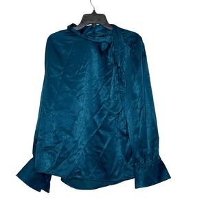 Worthington Satin Texas Teal Draped Textured Blouse Hi Neck Bow‎ Women PXXL NWT